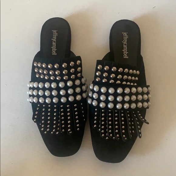 Jeffrey Campbell Black Suede Pearl Stud Mules - Picture 2 of 4